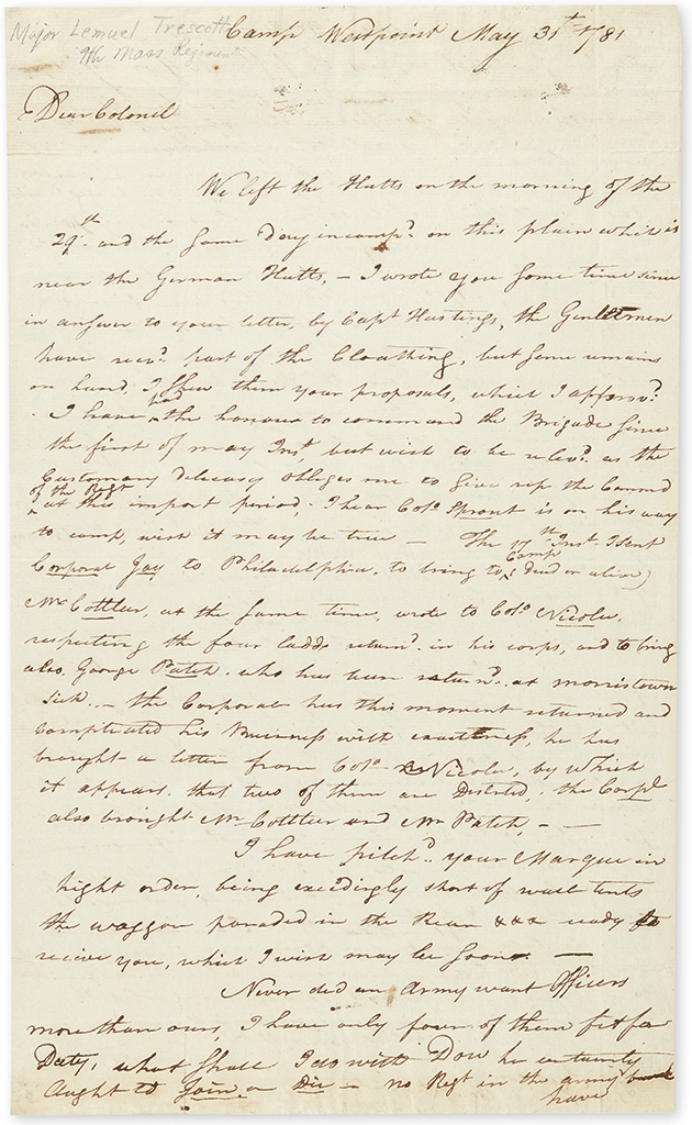 (AMERICAN REVOLUTION--1781.) Trescott, Lemuel. Letter reporting on West Point and the Southern theater.